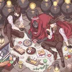 3boys apple arizuka_(catacombe) baguette basket black_gloves black_hair blanket bloodborne boots bread cheese cloak closed_mouth commentary_request cookie cup dark-skinned_male dark_skin donut closed_eyes fire fire flower food fork fruit gloves grapes hat head_wreath highres holding holding_cup holding_food holding_hands hunter_(bloodborne) jam jar knife lamp long_sleeves looking_at_another matchbox matches missing_tooth multiple_boys oedon_chapel_dweller open_mouth pants picnic pie pie_slice plate pot red_cloak sandwich saucer shirt sitting sleeves_rolled_up smile stone_floor strawberry suitcase tea teacup tile_floor tiles tricorne vest white_flower white_hair white_shirt yellow_eyes