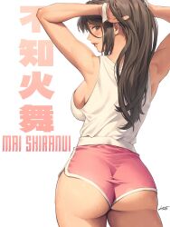 1girl absurdres arms_behind_head arms_up ass ass_focus backboob black_eyes black_hair blush breasts character_name commentary cowboy_shot dolphin_shorts fatal_fury female_focus from_behind hichi highres large_breasts long_hair looking_at_viewer looking_back matching_hair/eyes official_alternate_costume parted_lips pink_shorts shiranui_mai short_shorts shorts signature smile snk solo standing street_fighter street_fighter_6 sweat tank_top teeth the_king_of_fighters tying_hair white_background white_tank_top