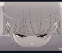 1girl brown_hair commentary covered_mouth grey_jacket highres jacket letterboxed long_hair looking_at_viewer sakura_no_sekai solo symbol-only_commentary tsuruse two_side_up upper_body utsumi_sakura v-shaped_eyebrows