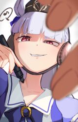 1girl absurdres animal_ears blunt_bangs bow ear_bow ear_covers gold_ship_(umamusume) grey_hair grin highres holding holding_marker horse_ears horse_girl long_hair looking_at_viewer marker musical_note my_(my_6633) pillbox_hat pink_eyes purple_bow purple_shirt school_uniform shirt smile solo spoken_musical_note teeth tracen_school_uniform umamusume