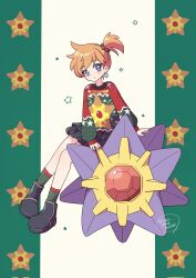 1girl ankle_socks beads black_footwear blue_eyes blue_skirt boots christmas creatures_(company) full_body game_freak gen_1_pokemon green_socks hair_beads hair_ornament head_tilt highres layered_skirt misty_(pokemon) multicolored_sweater nail_polish nintendo orange_hair patterned_clothing pokemon pokemon_(creature) pokemon_rgby red_nails saki_pokeoekaki short_hair side_ponytail skirt socks star_(symbol) star_symbol_background starmie staryu sweater teardrop_earrings twitter_username