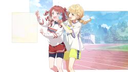 2girls bike_shorts bike_shorts_under_shorts blonde_hair blue_eyes bottle cloud english_text fujita_kotone gakuen_idolmaster game_cg grass hanami_saki holding idolmaster low_twin_braids multiple_girls official_art open_mouth red_hair shirt short_shorts shorts sportswear t-shirt track_and_field tree twin_braids twintails yellow_eyes yellow_shorts