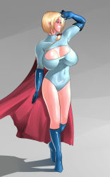 1girl arm_up blonde_hair blue_boots blue_eyes blue_gloves blue_legwear bob_cut bodysuit boots breasts breasts_apart cape cleavage_cutout clothing_cutout covered_navel dc_comics elbow_gloves female_focus full_body gloves grey_background half-closed_eyes highres huge_breasts knee_boots kryptonian large_breasts leotard long_sleeves looking_to_the_side power_girl shading_eyes shadow shiny_skin short_hair simple_background sleeved_leotard solo standing superhero_costume superman_(series) thighs tiptoes turtleneck zxc