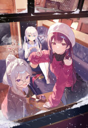 3girls absurdres beret black_skirt blue_eyes blue_vest booth_seating brown_jacket closed_mouth clothing_cutout collared_shirt drawn_heart dress_shirt earrings food glasses gosegu grey_hair hair_intakes hashtag-only_commentary hat heart highres index_finger_raised ine_(vtuber) jacket jewelry jururu long_hair looking_at_viewer looking_outside low_twintails miniskirt multiple_girls open_box open_mouth pantyhose pleated_skirt ponytail purple_eyes purple_hair red_sweater round_eyewear shelf shirt shoulder_cutout sidelocks siro_joon sitting skirt sleeves_past_wrists smile snow snowing standing suitcase sweater table train_interior translation_request twintails vest waktaverse white_hair white_shirt window winter