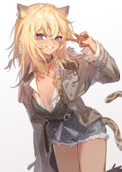 1girl :d absurdres animal_ears arknights arm_up belt belt_buckle belt_collar blonde_hair blue_eyes blush breasts brown_coat buckle chinese_commentary coat collar commentary_request cowboy_shot dark_skin gradient_background grey_background grey_belt grey_collar grey_shirt grey_shorts grin hair_between_eyes highres jewelry long_sleeves looking_at_viewer medium_hair morgan_(arknights) multiple_rings no_bra open_mouth ring sao7 shirt shorts small_breasts smile solo tail v white_background