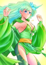 1girl aged_up blue_eyes breasts cape cleavage dated detached_sleeves earrings final_fantasy final_fantasy_iv green_hair green_leotard hair_ornament highres jewelry large_breasts leotard long_hair looking_at_viewer rydia_(adult)_(ff4) rydia_(ff4) signature simple_background solo star_(symbol) star_earrings thighhighs wide_sleeves