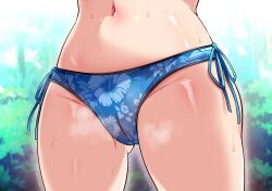Rule 34 | 1girl, bikini, blue bikini, cameltoe, floral print bikini, forest, gluteal fold, hechima koubou, in heat, mesu game ~tsukamareba soku nakadashi! 100 hyaku oku-en to chijoku o kaketa survival~, nature, navel, shiny skin, side-tie bikini bottom, sweat, swimsuit