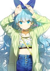 1girl arms_up artist_name bandaid bandaid_on_face bandaid_on_hand blue_eyes blue_hair blue_ribbon bracelet buttons choker coat cowboy_shot denim earrings female_focus floral_print hair_ribbon heart heart_earrings jeans jewelry lace-trimmed_sleeves lace_trim long_hair long_sleeves looking_at_viewer midriff necklace original pants pocket rabbit_pose ribbon ring simple_background solo strapless sukja tube_top twintails very_long_hair wavy_hair white_background
