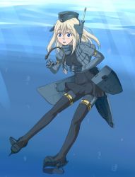 10s 1girl akito_(sub707) black_thighhighs blonde_hair blue_eyes boots cropped_jacket eel female_focus garrison_cap gradient_background hat kantai_collection long_hair military military_uniform puffy_sleeves solo thigh_boots thighhighs u-511_(kancolle) underwater