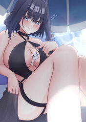 1girl absurdres arm_rest bare_shoulders beach_umbrella between_breasts bikini black_bikini black_hair blue_eyes blue_sky blush boros_(ouro_kronii) breasts cleavage cloud collarbone commentary criss-cross_halter day english_commentary hair_between_eyes hair_intakes halterneck hand_on_own_chest highres hololive hololive_english knees_up large_breasts light_particles mofu07519 o-ring o-ring_bikini ouro_kronii outdoors short_hair sitting sky swimsuit thigh_strap thighs umbrella under_umbrella virtual_youtuber