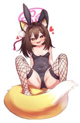 Rule 34 | 1girl, alternate costume, animal ears, black leotard, blue archive, blush, breasts, brown hair, cameltoe, collarbone, covered navel, duemeng, fake animal ears, fangs, fishnet thighhighs, fishnets, fox ears, fox girl, fox tail, halo, heart, heart-shaped pupils, highleg, highleg leotard, highres, izuna (blue archive), leotard, long hair, open mouth, pink halo, playboy bunny, rabbit ears, simple background, skin fangs, small breasts, smile, solo, strapless, strapless leotard, symbol-shaped pupils, tail, thighhighs, transparent background, yellow eyes