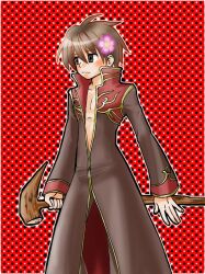 Rule 34 | 1boy, bad source, black coat, blush, brown eyes, brown hair, brown pants, closed mouth, coat, commentary request, cowboy shot, expressionless, flower, gold trim, hair flower, hair ornament, holding, holding staff, john (strike-shank), long sleeves, looking afar, male focus, multicolored coat, pants, pink flower, priest (ragnarok online), ragnarok online, red background, red coat, short hair, solo, staff, two-tone coat