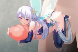 1boy 1girl :p arm_warmers ass bare_shoulders black_panties black_shirt black_thighhighs blue_eyes bracelet breast_press breasts censored erection fairy fairy_wings feet flower hair_flower hair_ornament jewelry kisaragi_reona koonago kyuukyoku_shinka_shita_full_dive_rpg_ga_genjitsu_yori_mo_kusoge_dattara large_breasts legs long_hair looking_at_penis mini_person minigirl mosaic_censoring panties penis penis_hug shirt silver_hair size_difference smile thighhighs thighs thong toeless_legwear toes tongue tongue_out underwear viroa wings