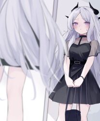 alternate_costume bag belt black_belt black_dress blue_archive blurry blush breasts commentary cowboy_shot demon_horns depth_of_field dot_nose dress grey_hair handbag highres hina_(blue_archive) holding holding_bag horns long_hair looking_at_mirror mirror purple_eyes sad small_breasts solo standing supic1711 sweat very_long_hair