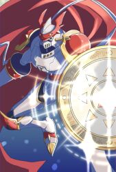 blue_background cape digimon digimon_(creature) dukemon glowing highres holding holding_pole holding_shield knight lance megane_mochi pole polearm red_cape shield solo weapon yellow_eyes
