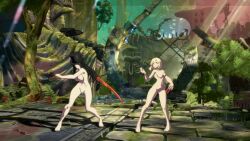 3d animated bird black_hair blonde_hair blue_eyes breasts bridget_(guilty_gear) crow guilty_gear guilty_gear_strive hat highres nipples nude nude_filter nude_mod outdoors red_eyes scythe sound tagme testament_(guilty_gear) third-party_edit video