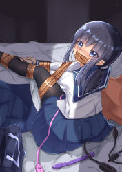 Rule 34 | 1girl, absurdres, bag, bdsm, black hair, black pantyhose, blue eyes, blue sailor collar, blue skirt, blush, bound, bound arms, bound legs, breasts, controller, dildo, female focus, from behind, gag, gagged, hair tie, highres, improvised gag, indoors, kyou shuka, long hair, long sleeves, looking at viewer, looking back, miniskirt, nose blush, on bed, original, own hands together, pantyhose, pillow, pleated skirt, ponytail, remote control, remote control vibrator, sailor collar, school uniform, serafuku, sex toy, shiny clothes, shirt, sitting, skirt, small breasts, solo, tape, tape gag, vibrator, vibrator cord, vibrator under clothes, white shirt