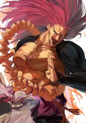 abs angry bare_pectorals black_sleeves highres honda_tadakatsu long_hair long_sleeves looking_at_viewer muscular muscular_male open_mouth pectorals pink_hair sleeves_past_wrists sokora_hen tenkaichi_nihon_saikyou_bugeisha_ketteisen toned