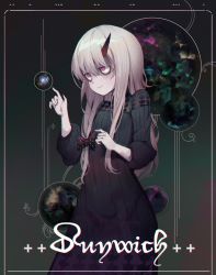 1girl absurdres albino black_dress bow chromatic_aberration cthulhu_mythos dress fate/grand_order fate_(series) hair_bow highres horns lavinia_whateley_(fate) long_hair long_sleeves pale_skin photoshop_(medium) purple_eyes single_horn smile waterkuma white_hair yog-sothoth