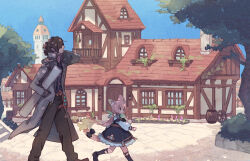 1boy 1girl animal_ears aqua_ribbon barrel belt black_bow black_dress black_eyes black_shoes black_socks blue_sky blue_vest bow brown_hair brown_pantyhose brown_shoes building bush cat_ears cat_girl closed_mouth coat commentary_request dappled_sunlight day door dress frilled_dress frills gold_trim grey_coat hair_between_eyes hair_ribbon hand_in_own_hair hand_in_pocket hanging_plant holding holding_paper lantern long_hair messy_hair original outdoors pantyhose paper pink_hair planter porch puffy_sleeves ribbon shirt shoes short_hair sidelocks sky socks stairs sunlight tail tail_bow tail_ornament towel tree twintails urabe_(mstchan) very_long_hair vest walking white_shirt window