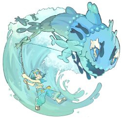 1girl blue_eyes blue_hair blue_sailor_collar capri_pants commentary fish fishing fishing_rod flying_sweatdrops full_body gen_7_pokemon grin hairband hashtag-only_commentary highres holding holding_fishing_rod jaysoysaucee lana_(pokemon) midriff nintendo open_mouth pants pokemon pokemon_(creature) pokemon_sm sailor_collar sandals short_hair smile water wave_print waves white_background white_pants wishiwashi wishiwashi_(school) yellow_hairband
