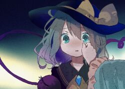 2girls black_hat blue_brooch blue_gemstone blue_sleeves bow brooch commentary_request female_pov film_grain frilled_sleeves frills frown gem green_eyes grey_hair hand_on_another&#039;s_face hat hat_bow jewelry komeiji_koishi komeiji_satori large_bow long_sleeves looking_at_viewer multiple_girls parted_lips pov pov_hands short_hair siblings sisters straight-on tamagogayu1998 tearing_up tears third_eye touhou wide_sleeves wiping_tears yellow_bow