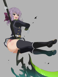 1girl ass axe battle_axe black_boots black_thighhighs blazer boots bow bowtie brown_eyes clothes_lift dancing gloves grey_background highres hiiragi_shinoa jacket knee_boots long_hair looking_at_viewer open_mouth ouhashi owari_no_seraph panties pleated_skirt pole_dancing purple_hair purple_ribbon red_bow red_bowtie ribbon skirt skirt_lift thighhighs thighs underwear weapon white_gloves white_panties