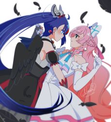 Rule 34 | 2girls, absurdres, arm around waist, arm bow, ascot, bare shoulders, bird wings, black gloves, black skirt, black sleeves, black wings, blue eyes, blue hair, blue ribbon, bow, braid, center frills, clenched hand, closed mouth, collared shirt, colored tips, cowboy shot, crack, cure prism, cure sky, cure sky (dark), dark persona, detached sleeves, dress, earrings, elbow gloves, empty eyes, expressionless, eye contact, eyelashes, feathered wings, feathers, fingerless gloves, fingernails, frilled dress, frilled sleeves, frills, gloves, gradient hair, green eyes, grey shirt, hair bobbles, hair bow, hair ornament, hair ribbon, heart, heart-shaped hair, high-waist skirt, highres, hirogaru sky! precure, holding hands, interlocked fingers, jewelry, leaning back, light blush, long hair, looking at another, magical girl, multicolored hair, multiple braids, multiple girls, neck ribbon, nijigaoka mashiro, nunununoyuyuyu, orange hair, parted lips, pink hair, pink ribbon, plaid bow, pleated dress, pointy nose, precure, puffy short sleeves, puffy sleeves, red bow, red hair, ribbon, shirt, short dress, short sleeves, side braids, signature, simple background, skirt, sleeveless, sleeveless shirt, sora harewataru, sphere earrings, standing, streaked hair, twin braids, twintails, two-tone hair, very long hair, waist bow, wavy hair, white ascot, white background, white bow, white dress, white gloves, wing hair ornament, wings, yuri