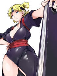 1girl blonde_hair blue_eyes breasts cleavage covered_navel fan frown hand_on_own_hip headband highres japanese_clothes kimono large_breasts naruto_(series) quad_tails solo takayama_toshinori temari_(naruto) white_background