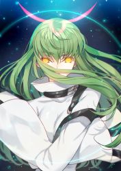 1girl breasts c.c. code_geass creayus female_focus floating_hair fringe_trim geass green_hair long_hair long_sleeves looking_at_viewer medium_breasts sidelocks solo upper_body wide_sleeves yellow_eyes