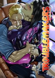 1boy 1girl aarokira absurdres black_hair black_shoes blonde_hair blue_shirt blush chair closed_eyes cody_travers cover han_juri hetero highres hug licking_lips muscular muscular_male on_chair pants purple_eyes red_nails shirt shoes sitting sleeves_rolled_up street_fighter street_fighter_v striped_clothes striped_pants striped_shirt title_page toned toned_female tongue tongue_out watch