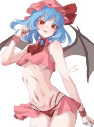 0002koko 1girl absurdres aged_up ascot bat_wings black_nails blue_hair breasts brooch commentary_request cowboy_shot crop_top fingernails hat hat_ribbon highres jewelry looking_at_viewer mob_cap navel pink_hat red_ascot red_eyes red_ribbon remilia_scarlet ribbon sharp_fingernails short_hair simple_background small_breasts solo thighhighs tongue tongue_out touhou underboob white_background white_thighhighs wings