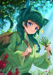 Rule 34 | &gt;:), 1girl, :3, animal ear fluff, animal ears, aoqun, backpack basket, bandaged arm, bandages, blue bow, blue eyes, blue sky, blunt bangs, blurry, blurry background, blurry foreground, bow, cat ears, cat girl, cat tail, chinese clothes, dappled sunlight, day, depth of field, floating hair, four-pointed star, freckles, from below, green hair, green jacket, hair bow, hanfu, highres, holding, holding plant, jacket, kusuriya no hitorigoto, long hair, looking at viewer, mao mao the cat, maomao (kusuriya no hitorigoto), pattikou, plant, sidelocks, sky, solo, star (symbol), sunlight, tail, twitter username, upper body, v-shaped eyebrows