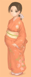 Rule 34 | 1girl, brown eyes, brown hair, flower print, geta, hair ribbon, japanese clothes, kimono, long hair, looking at viewer, obi, orange background, original, ponytail, pregnant, ribbon, sash, simple background, smile, solo, tabi, traditional clothes, xiin