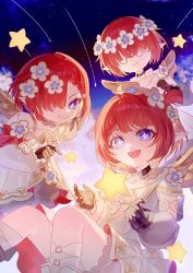 3girls bare_shoulders blue_eyes braid choker closed_mouth dress floating flower hair_flower hair_ornament highres honkai:_star_rail honkai_(series) ki_1315 multiple_girls open_mouth red_hair shooting_star short_hair smile star_(sky) star_(symbol) starry_sky_background symbol-shaped_pupils translation_request trianne_(honkai:_star_rail) tribbie_(honkai:_star_rail) trinnon_(honkai:_star_rail) white_dress
