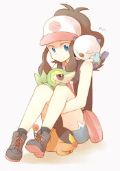&gt;_&lt; 1girl bag black_jacket brown_eyes brown_hair gen_5_pokemon hat hilda_(pokemon) jacket long_hair looking_down lying nintendo oshawott pink_bag pokemon pokemon_(creature) pokemon_bw ponytail shirt shoes shorts sidelocks sitting sleeveless snivy starter_pokemon_trio sweatdrop tepig tsukushi_(clunker) white_shirt
