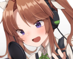 1girl black_vest brown_hair collared_shirt commission dress_shirt headphones kagerou_(kancolle) kagerou_kai_ni_(kancolle) kantai_collection long_hair microphone pop_filter purple_eyes ribbon shirasumato shirt skeb_commission smile solo studio_microphone twintails upper_body vest white_background white_ribbon white_shirt