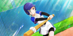 1girl anime_coloring ball baseball baseball_(object) baseball_bat baseball_helmet baseball_jersey baseball_uniform batting_stance belt belt_buckle bike_shorts black_belt black_undershirt blonde_hair blue_hat blush buckle chain-link_fence clenched_teeth collarbone cowboy_shot day dutch_angle fence grass hair_over_one_eye hat helmet highres holding holding_baseball_bat jersey lens_flare light_rays looking_at_object looking_to_the_side love_live! love_live!_nijigasaki_high_school_idol_club love_live!_school_idol_festival_all_stars mia_taylor official_art one_eye_covered outdoors playing_sports purple_eyes serious shirt shirt_under_shirt short_hair short_sleeves solo sportswear striped_clothes striped_shirt sunbeam sunlight swinging_baseball_bat teeth v-shaped_eyebrows vertical-striped_clothes vertical-striped_shirt white_shirt