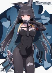1girl alternate_costume animal_ear_fluff animal_ears aoi_suzu aqua_jacket arm_out_of_sleeve artist_logo black_gloves black_hair black_leotard black_necktie black_pantyhose blunt_bangs blush bright_pupils collar commentary_request covering_own_mouth cowboy_shot detached_collar fingerless_gloves fox_ears fox_girl gauntlets gloves hand_up highres hoshimi_miyabi id_card jacket leotard logo long_hair looking_at_viewer necktie open_clothes open_jacket orange_eyes pantyhose single_fingerless_glove single_gauntlet solo strapless strapless_leotard sweatdrop very_long_hair white_collar white_pupils zenless_zone_zero