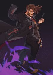 1boy absurdres beard black_coat black_pants brown_hair brown_shoes coat coat_on_shoulders collared_shirt commentary_request cross facial_hair full_body guilty_gear guilty_gear_strive hand_in_pocket highres holding holding_smoking_pipe lapels long_sleeves looking_back male_focus monocle mustache notched_lapels pants parted_bangs parted_lips pocket_watch ponju_art red_eyes red_shirt shirt shoes slayer_(guilty_gear) smile smoke smoking_pipe solo standing teeth vest watch
