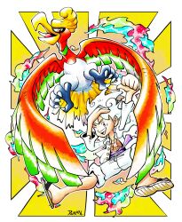 1boy absurdres arm_up claws commentary dwalkn full_body gear_fifth gen_2_pokemon highres ho-oh legendary_pokemon monkey_d._luffy nintendo one_eye_closed one_piece pokemon pokemon_(creature) purple_sash sandals sash scar scar_on_chest shirt short_hair shorts sugimori_ken_(style) white_hair white_shirt white_shorts