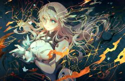 1girl black_hairband bodysuit breasts bug butterfly closed_mouth cowboy_shot faithom fire firefly_(ar-26710)_(honkai:_star_rail) firefly_(honkai:_star_rail) floating_hair grey_hair hair_between_eyes hair_intakes hair_ornament hairband honkai:_star_rail honkai_(series) insect large_breasts long_hair looking_at_viewer mecha_pilot_suit medium_breasts multicolored_eyes official_alternate_costume sam_(honkai:_star_rail) smile two-tone_eyes white_bodysuit
