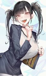 1girl absurdres black_choker black_hair breasts choker finger_to_mouth goddess_of_victory:_nikke highres houh888 jacket jewelry large_breasts long_hair looking_at_viewer mole mole_under_eye open_clothes open_jacket pantyhose red_eyes ring shirt skirt smile solo sora_(nikke) tsurime twintails white_shirt wireless_earphones