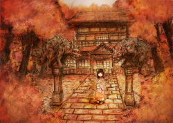 1girl architecture autumn autumn_leaves bad_id bad_pixiv_id bag black_eyes black_hair child commentary east_asian_architecture expressionless female_focus graphite_(medium) holding japanese_clothes kimono leaf looking_at_viewer millipen_(medium) muted_color original path pen_(medium) road scenery shrine solo sonidoriy traditional_media tree yukata