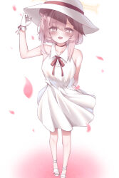 1girl :d absurdres alternate_costume amerika_neko arm_behind_back bare_shoulders blue_archive blush choker collared_dress commentary dress eyes_visible_through_hair falling_petals feather_hair floating_clothes foreshortening full_body gloves hair_between_eyes hair_bun halo hand_on_headwear hand_up happy hat highres looking_at_viewer medium_hair open_mouth petals pink_eyes pink_hair red_choker sandals serina_(blue_archive) sidelocks simple_background single_side_bun sleeveless sleeveless_dress smile solo standing straight-on sun_hat sundress white_background white_dress white_gloves white_hat white_sandals wind yellow_halo