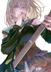 1girl absurdres bang_dream! bang_dream!_it&#039;s_mygo!!!!! bare_shoulders blonde_hair breasts brown_corset chinese_commentary commentary_request corrupted_twitter_file corset cowboy_shot cross-laced_clothes cross-laced_corset doloris_(bang_dream!) earrings electric_guitar guitar hair_between_eyes highres holding holding_guitar holding_instrument holding_plectrum instrument jewelry kinayone large_breasts medium_hair misumi_uika parted_lips plectrum purple_eyes simple_background solo underbust watermark weibo_username weibo_watermark white_background