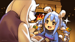 2girls :d ^_^ animal_ear_fluff animal_ears black_eyes blue_hair blue_shirt blush book bow braid breasts bright_pupils carrot_hair_ornament closed_eyes commentary_request dress extra_ears fangs fireplace food-themed_hair_ornament furry furry_female glasses gradient_background hair_bow hair_ornament highres hikosan hololive horns indoors long_hair long_sleeves looking_at_another multicolored_hair multiple_girls no_nose open_book open_mouth orange_background profile purple_dress rabbit-shaped_pupils rabbit_ears rabbit_girl rabbit_tail shirt sidelocks simple_background skin_fangs small_breasts smile sparkle symbol-shaped_pupils tail thick_eyebrows toriel twin_braids twintails two-tone_hair undertale upper_body usada_pekora vest virtual_youtuber white_bow white_hair white_pupils wide_sleeves