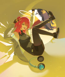 2girls :d absurdres animal_ear_fluff animal_ears arknights arms_up black_gloves black_hair black_shirt black_shoes black_shorts breasts character_request check_character chinese_commentary closed_mouth commentary_request cross cross_earrings earrings exusiai_(arknights) fingerless_gloves full-length_zipper gloves grey_pantyhose hair_between_eyes hair_over_one_eye halo headphones highres jacket jewelry legs_up lingdu_han long_hair long_sleeves looking_at_viewer medium_hair multiple_girls one_side_up open_clothes open_jacket open_mouth pantyhose pantyhose_under_shorts parted_bangs peeking_out pendant puffy_long_sleeves puffy_sleeves reclining red_hair shadow shirt shoes shorts sleeveless sleeveless_shirt smile teeth texas_(arknights) tube turtleneck turtleneck_shirt unworn_headphones upper_teeth_only v v_over_head white_halo wolf_ears yellow_eyes yellow_jacket zipper
