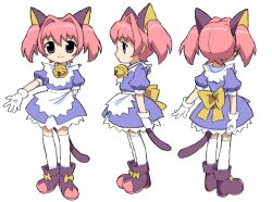 1girl 2000s_(style) angelic_kitty_miracle-chan animal_ears apron arm_at_side arm_behind_back back_bow bell boots bow cat_ears cat_tail clenched_hand closed_mouth colinarmis collar dress fake_animal_ears footwear_bow frilled_collar frills full_body gloves hair_intakes jingle_bell looking_ahead miracle-chan multicolored_boots multiple_views neck_bell open_hand outstretched_arm pink_boots pink_hair puffy_short_sleeves puffy_sleeves purple_boots purple_dress purple_eyes short_sleeves short_twintails simple_background split_mouth standing tail thighhighs turnaround twintails two-tone_boots waist_apron white_apron white_background white_collar white_gloves white_thighhighs yellow_bow