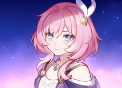 Rule 34 | 1girl, bare shoulders, blue eyes, commentary, cyrene (honkai: star rail), dress, english commentary, hair ornament, honkai: star rail, honkai (series), jewelry, kerogi haku, looking at viewer, necklace, off-shoulder dress, off shoulder, pink hair, portrait, short hair, smile, solo